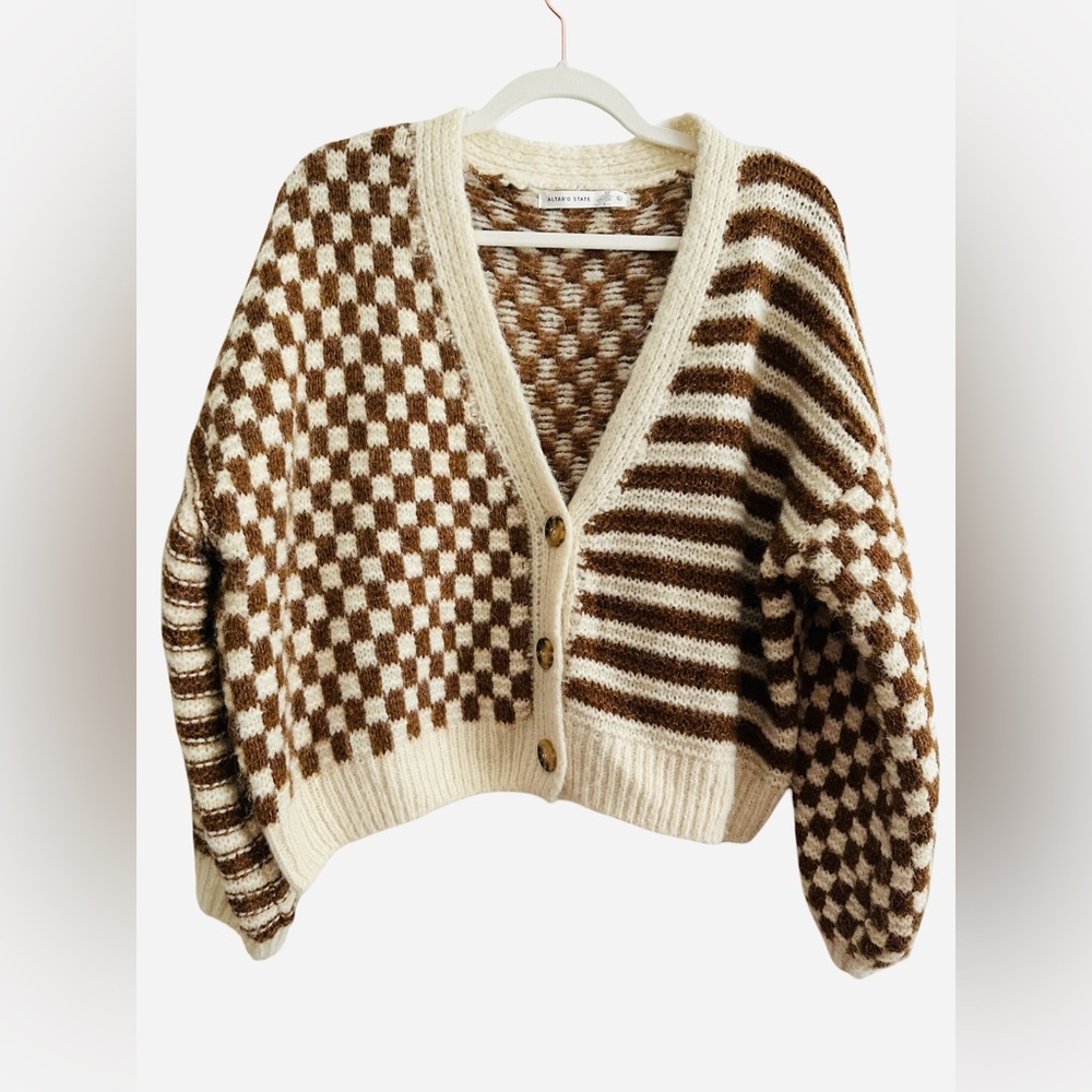 Altar'd State Cream and Brown Patterned Cardigan